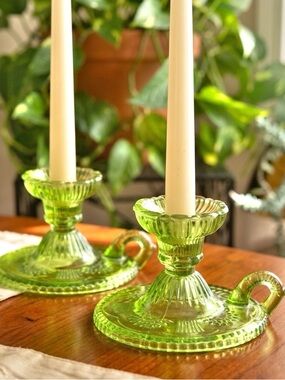 Pier 1 Imports Green Pressed Glass Chambersticks Taper Candlestick Holders Set 2